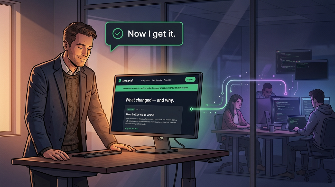 A product manager reads a plain-language Decobrief report — 'Now I get it.' — while developers work in the background, connected by a glowing flow line.